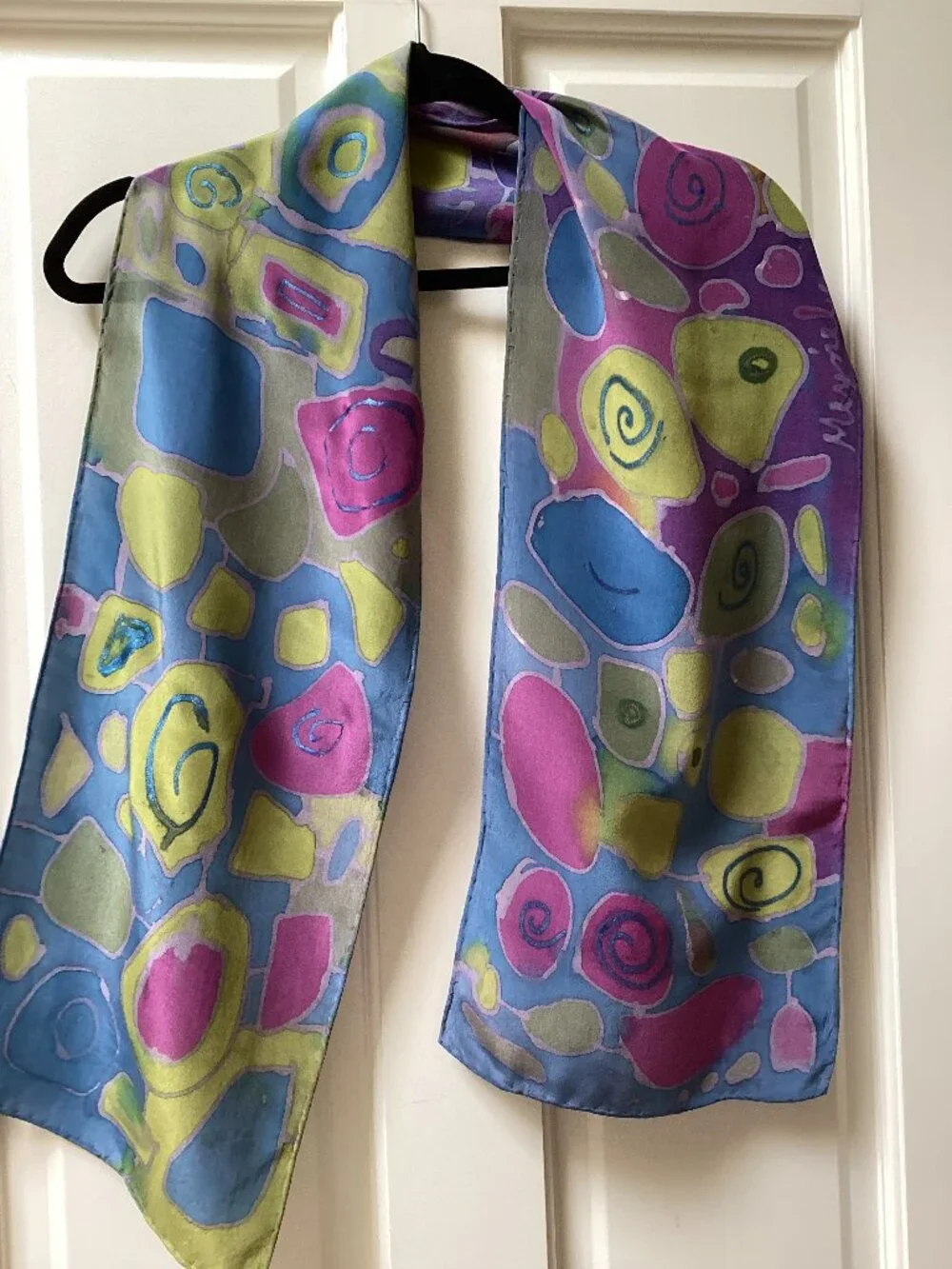 Blue, purple, green silk abstract scarf with flaw (10